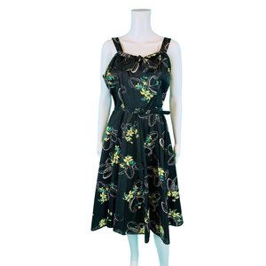 Vintage 50s Party Dress Womens XS Black Yellow Floral Print Belted Taffeta